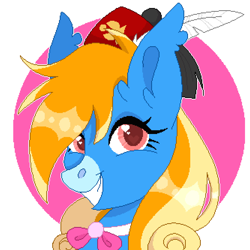 Size: 1000x1000 | Tagged: safe, artist:amadeus_sano, imported from derpibooru, oc, oc only, oc:pryeblue, earth pony, pony, bowtie, feather, hat, icon, simple background, solo, white background