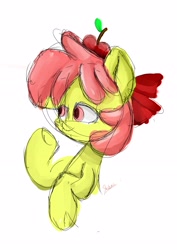 Size: 2480x3508 | Tagged: safe, artist:skylinepony_, imported from derpibooru, apple bloom, earth pony, pony, apple, female, filly, foal, food, simple background, sketch, smiling, solo, white background