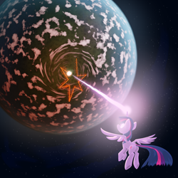 Size: 1280x1280 | Tagged: safe, artist:kalivian, imported from derpibooru, twilight sparkle, alicorn, pony, atg 2022, blast, butt, female, glowing, glowing eyes, magic, magic abuse, magic blast, mare, newbie artist training grounds, planet, plot, solo, space, twilight sparkle (alicorn)