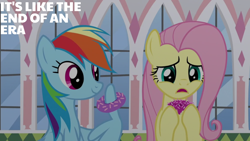 Size: 1920x1080 | Tagged: safe, edit, edited screencap, editor:quoterific, imported from derpibooru, screencap, fluttershy, rainbow dash, pegasus, pony, season 9, the ending of the end, spoiler:s09, donut, duo, female, food, mare, open mouth, smiling, text, wing hands, wings