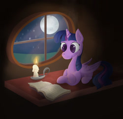 Size: 1280x1233 | Tagged: safe, artist:kalivian, imported from derpibooru, twilight sparkle, alicorn, pony, atg 2021, book, candle, horn, moon, newbie artist training grounds, night, reading, solo, stars, twilight sparkle (alicorn), window, wings