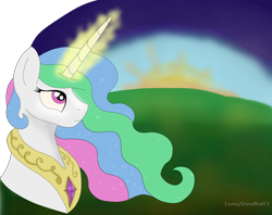 Size: 3690x2927 | Tagged: safe, artist:lennystendhal13, imported from derpibooru, princess celestia, alicorn, pony, dawn, glowing, glowing horn, grass, grass field, horn, magic, sky, solo, sun, sun work