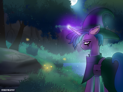 Size: 1920x1440 | Tagged: safe, artist:sforcetheartist, imported from derpibooru, oc, oc only, oc:dim heart, firefly (insect), insect, pony, unicorn, cape, clothes, forest, hat, moon, night, rock, rule 63, solo, tree, water, witch hat