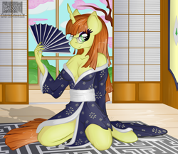 Size: 1250x1083 | Tagged: safe, artist:virenth, imported from derpibooru, oc, oc only, oc:hime cut, anthro, unicorn, clothes, female, fusuma, glasses, indoors, kimono (clothing), kneeling, looking at you, solo, tatami