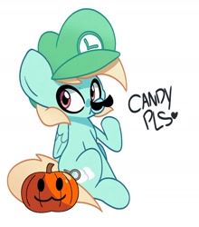 Size: 1618x1838 | Tagged: safe, artist:kindakismet, imported from derpibooru, oc, oc only, oc:cloud gazer, pegasus, pony, cap, facial hair, folded wings, halloween, hat, heart, luigi, luigi's hat, moustache, pumpkin, pumpkin carving, raised hoof, simple background, sitting, solo, super mario bros., white background, wings