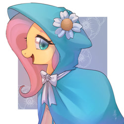 Size: 2000x2000 | Tagged: safe, artist:hosikawa, imported from derpibooru, fluttershy, pegasus, pony, secret of my excess, aside glance, bowtie, cloak, clothes, cute, female, flower, high res, looking at you, mare, open mouth, open smile, partial background, passepartout, profile, shyabetes, simple background, smiling, solo, taffeta cape, white background