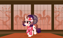 Size: 5501x3320 | Tagged: safe, artist:lillyleaf101, imported from derpibooru, oc, oc:moon petal, pony, unicorn, absurd resolution, base used, clothes, curved horn, female, hairpin, horn, kimono (clothing), mare, solo