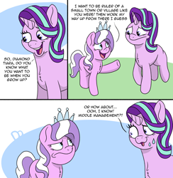 Size: 2736x2802 | Tagged: safe, artist:doodledonutart, imported from derpibooru, diamond tiara, starlight glimmer, earth pony, pony, unicorn, :/, :s, atg 2022, comic, dialogue, diamond tiara is not amused, duo, duo female, female, filly, foal, frown, happy, high res, horn, mare, newbie artist training grounds, no tail, open mouth, open smile, smiling, sweat, sweatdrop, sweatdrops, unamused, wavy mouth