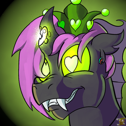 Size: 1024x1024 | Tagged: safe, artist:icarys, imported from derpibooru, oc, oc:icarys, changeling, changeling oc, green changeling, heart, heart eyes, jewelry, male, regalia, smiling, wingding eyes