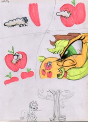 Size: 4398x6104 | Tagged: safe, artist:ja0822ck, imported from derpibooru, applejack, earth pony, pony, worm, apple, apple tree, comic, food, traditional art, tree