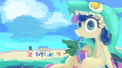 Size: 1920x1080 | Tagged: artist needed, source needed, safe, imported from derpibooru, bon bon, lyra heartstrings, sweetie drops, earth pony, pony, shark, alcohol, beach, cloud, cocktail, drink, drinking, drinking straw, female, inflatable toy, mare, water