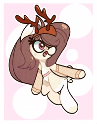 Size: 1800x2293 | Tagged: safe, artist:kindakismet, imported from derpibooru, oc, oc only, earth pony, pony, antlers, art trade, bandaid, circle background, clothes, female, hair over one eye, mare, open mouth, reindeer antlers, simple background, solo, white background