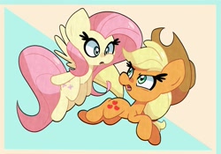 Size: 2327x1632 | Tagged: safe, artist:kindakismet, imported from derpibooru, applejack, fluttershy, earth pony, pegasus, pony, :o, applejack's hat, cowboy hat, duo, duo female, female, flying, hat, looking at each other, looking at someone, looking back, mare, open mouth, running, spread wings, wings