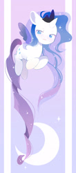 Size: 1116x2544 | Tagged: safe, artist:dreamsugar, imported from derpibooru, rarity, pony, :3, crescent moon, ethereal mane, female, flying, horn, jewelry, looking at you, mare, moon, princess luna's cutie mark, regalia, solo, wings