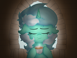 Size: 2125x1590 | Tagged: safe, artist:background basset, imported from derpibooru, lyra heartstrings, pony, unicorn, bust, cup, eyes closed, food, solo, tea, teacup