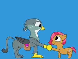 Size: 2000x1500 | Tagged: safe, artist:blazewing, imported from derpibooru, apple bloom, babs seed, gabby, scootaloo, sweetie belle, earth pony, griffon, pony, atg 2022, bag, blue background, colored background, cutie mark crusaders, drawpile, duo, duo female, female, filly, fist bump, foal, hoofbump, mailbag, newbie artist training grounds, simple background, smiling