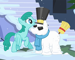 Size: 360x288 | Tagged: safe, imported from derpibooru, screencap, spring melody, sprinkle medley, pegasus, pony, hearth's warming eve (episode), background pony, broom, clothes, coal, cropped, female, hat, mare, mouth hold, scarf, snow, snowfall, snowpony, solo, top hat
