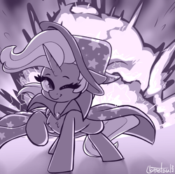 Size: 1171x1165 | Tagged: safe, artist:llametsul, imported from derpibooru, trixie, pony, unicorn, atg 2022, cape, chest fluff, clothes, cool guys don't look at explosions, cute, explosion, female, hat, looking at you, mare, monochrome, newbie artist training grounds, one eye closed, signature, smiling, smiling at you, solo, trixie's cape, trixie's hat, wink, winking at you