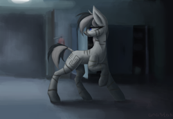 Size: 2600x1800 | Tagged: safe, artist:anastas, imported from derpibooru, oc, oc only, zebra, alternate versions, blue eyes, detailed background, female, fire extinguisher, hoofprints, mare, raised hoof, solo, standing, stripes