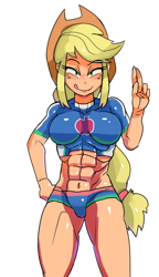 Size: 2606x4533 | Tagged: safe, artist:baigak, imported from derpibooru, applejack, human, equestria girls, abs, applejack's hat, applejacked, big breasts, breasts, busty applejack, clothes, cowboy hat, female, freckles, hand on hip, hat, looking at you, muscles, simple background, solo, swimsuit, tight clothing, tongue out, white background