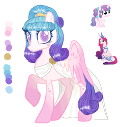 Size: 1280x1356 | Tagged: safe, artist:sleepy-rosie-sav, artist:vernorexia, imported from derpibooru, princess amore, princess flurry heart, oc, pegasus, pony, blue mane, color palette, colored wings, curly mane, eyeshadow, facial markings, fusion, goddess, gradient wings, greek mythology, headband, makeup, markings, possible incest, princess, purple eyes, purple mane, simple background, solo, transparent background, wings