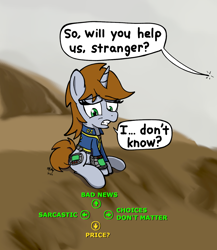 Size: 1300x1500 | Tagged: safe, artist:ebbysharp, imported from derpibooru, oc, oc:littlepip, pony, unicorn, fallout equestria, atg 2022, choice, dialogue, female, horn, mare, newbie artist training grounds, offscreen character, sitting, solo, speech bubble
