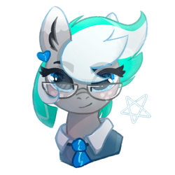 Size: 2000x2000 | Tagged: artist needed, safe, imported from derpibooru, oc, oc only, oc:shirley flow, pegasus, pony, blue eyes, female, freckles, g5, g5 oc, glasses, jewelry, looking at you, mare, multicolored mane, necktie, oda 1997, oda 997, pegasus oc, simple background, solo, white background