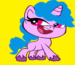 Size: 1280x1107 | Tagged: safe, artist:disneyponyfan, edit, imported from derpibooru, izzy moonbow, pony, unicorn, my little pony: pony life, base used, blue hair, blue mane, blue tail, cute, female, g4.5, g5, g5 to g4.5, generation leap, magenta eyes, mare, open mouth, open smile, simple background, smiling, solo, tail, unshorn fetlocks, yellow background