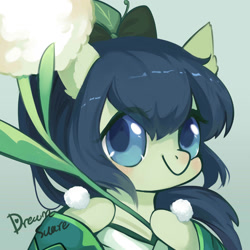 Size: 2000x2000 | Tagged: safe, artist:dreamsugar, imported from derpibooru, oc, oc only, pony, bust, clothes, eye clipping through hair, female, green background, hoof hold, looking at you, mare, signature, simple background, solo