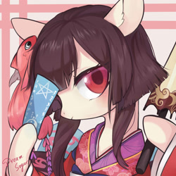 Size: 2000x2000 | Tagged: safe, artist:dreamsugar, imported from derpibooru, oc, oc only, fish, pony, blunt bob, bobcut, bust, clothes, eye clipping through hair, female, hoof hold, kimono (clothing), looking at you, mare, signature, solo