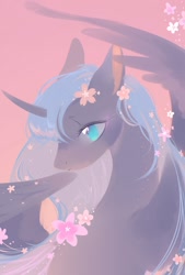 Size: 1181x1748 | Tagged: safe, artist:dreamsugar, imported from derpibooru, princess luna, alicorn, pony, cherry blossoms, female, flower, flower blossom, horn, mare, pink background, profile, simple background, solo, wings