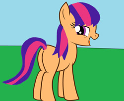 Size: 1280x1046 | Tagged: safe, artist:disneyponyfan, imported from derpibooru, scootaloo (g3), earth pony, pony, adult blank flank, blank flank, butt, cute, female, field, g3, g3 cutealoo, g3 scootabutt, g3 to g4, g4, generation leap, grass, grass field, hooves, looking back, mare, ms paint, multicolored hair, multicolored mane, multicolored tail, open mouth, open smile, outdoors, plot, purple eyes, smiling, solo, standing, tail, two toned mane, two toned tail