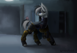 Size: 2600x1800 | Tagged: safe, artist:anastas, imported from derpibooru, oc, oc only, zebra, alternate versions, armor, blue eyes, cape, cloak, clothes, detailed background, female, fire extinguisher, hoofprints, mare, military uniform, outfit, reised hoof, solo, standing, stripes, uniform, wolfenstein