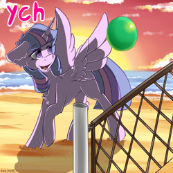 Size: 1780x1780 | Tagged: safe, artist:yuris, imported from derpibooru, oc, pony, advertisement, auction, ball, beach volleyball, commission, cute, ocean, red sky, sand, smiling, solo, sports, sunset, volleyball, volleyball net, water, ych sketch