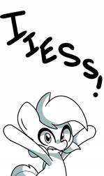 Size: 1299x2175 | Tagged: safe, artist:kindakismet, imported from derpibooru, pony, exclamation point, gray background, hooves in air, looking at you, monochrome, open mouth, simple background, solo, talking, white background