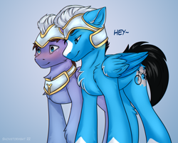 Size: 2680x2155 | Tagged: safe, artist:snowstormbat, imported from derpibooru, oc, oc only, oc:enduro elite, oc:luck, pegasus, pony, armor, blushing, dialogue, flirting, g5, gay, larger male, male, royal guard, size difference, smaller male, stallion, stallion on stallion