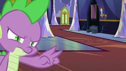 Size: 1280x720 | Tagged: safe, imported from derpibooru, screencap, spike, changeling, dragon, season 6, to where and back again, angry, disguise, disguised changeling, fake spike, i've got my eye on you, male, solo, twilight's castle