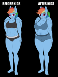 Size: 4500x6000 | Tagged: safe, artist:thehuskylord, imported from derpibooru, rainbow dash, anthro, pegasus, plantigrade anthro, abs, absurd resolution, barefoot, before and after, belly button, big breasts, black background, bra, breast expansion, breasts, busty rainbow dash, clothes, commission, duality, eyebrows, feet, female, grin, growth, hand on hip, milf, milf dash, mom bod, muscles, older, partially open wings, rainbuff dash, simple background, smiling, solo, sports bra, stretchmarks, underwear, weight gain, winged anthro, wings