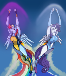 Size: 1911x2200 | Tagged: safe, artist:lazyowl13, imported from derpibooru, rainbow dash, rarity, alicorn, anthro, alicornified, cleaning, clothes, determined, fast, furry, jetpack, leotard, race swap, rainbowcorn, raricorn, shockwave, sonic boom, sound barrier, swimsuit, wonderbolts swimsuit