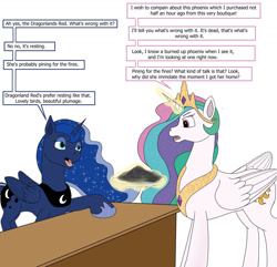 Size: 1280x1234 | Tagged: safe, artist:termyotter, imported from derpibooru, princess celestia, princess luna, alicorn, phoenix, pony, ash, atg 2022, dead parrot, glowing, glowing horn, horn, monty python, monty python's flying circus, newbie artist training grounds, simple background, white background, wings