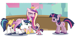 Size: 1280x663 | Tagged: safe, artist:joburii, imported from derpibooru, princess cadance, queen chrysalis, shining armor, twilight sparkle, alicorn, pony, robot, robot pony, unicorn, a canterlot wedding, cute, fake cadance, female, floppy ears, gynoid, mini-me, self paradox, self ponidox, tiny twi, twiabetes, unicorn twilight