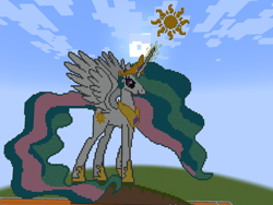 Size: 1280x961 | Tagged: safe, artist:clevercloud2022pl, imported from derpibooru, princess celestia, alicorn, pony, crown, ethereal hair, female, glowing, glowing horn, hair, hill, horn, jewelry, minecraft, minecraft pixel art, pixel art, regalia, solo, sun work, wings