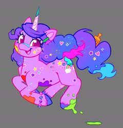 Size: 1643x1710 | Tagged: safe, artist:catmintyt, imported from derpibooru, izzy moonbow, pony, unicorn, bracelet, female, g5, gray background, happy, jewelry, jumping, looking at you, mare, open mouth, open smile, paint, simple background, smiling, smiling at you, solo, sticker, unshorn fetlocks