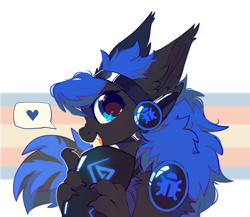 Size: 1980x1716 | Tagged: safe, artist:mirtash, imported from derpibooru, oc, oc only, oc:blue visions, changeling, cyborg, blue changeling, changeling oc, commission, female, open mouth, open smile, pride, pride flag, protogen, smiling, solo, transgender pride flag