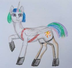 Size: 1500x1415 | Tagged: safe, artist:soobel, imported from derpibooru, princess celestia, alicorn, pony, boots, newbie artist training grounds, raised hoof, shoes, solo, traditional art, uncanny valley
