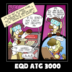 Size: 2288x2284 | Tagged: safe, artist:bobthedalek, imported from derpibooru, oc, oc only, oc:calpain, oc:kettle master, earth pony, pony, atg 2022, clothes, comic, crossover, male, mystery science theater 3000, newbie artist training grounds, singing, stallion, thunderbirds