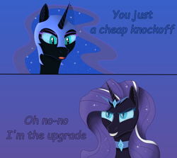 Size: 2528x2250 | Tagged: safe, artist:enteryourponyname, imported from derpibooru, nightmare moon, nightmare rarity, pony, 2 panel comic, comic, dialogue, ethereal mane, evil grin, gradient background, grin, helmet, jewelry, meme, ponified meme, reference, simple background, smiling, starry mane, text, the boys