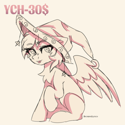 Size: 2500x2500 | Tagged: safe, artist:fluffywhirlpool, imported from derpibooru, oc, oc only, pony, :p, any race, chest fluff, commission, hat, looking at you, raised hoof, sitting, solo, tongue out, your character here