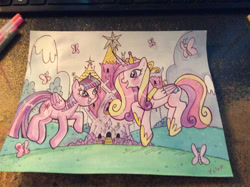 Size: 900x673 | Tagged: safe, artist:marybellamy, imported from derpibooru, princess cadance, twilight sparkle, alicorn, butterfly, commission, cute, dancing, duo, duo female, female, folded wings, happy, san diego comic con, sisters-in-law, sunshine sunshine, traditional art, twilight sparkle (alicorn), twilight's castle, wings