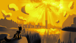 Size: 3840x2160 | Tagged: safe, artist:tyleks, imported from derpibooru, earth pony, pony, atg 2022, beautiful, elden ring, erdtree, game, high res, monochrome, newbie artist training grounds, ponified, ruins, scenery, scenery porn, solo, tree, video game